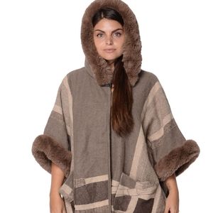 Hooded taupe multicolored wrap w Faux Fur Ruana